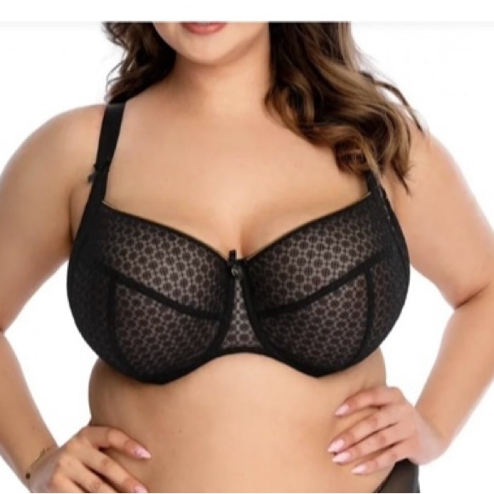 Black Lace Bra with Sheer Mesh and Underwire Support & Side Support